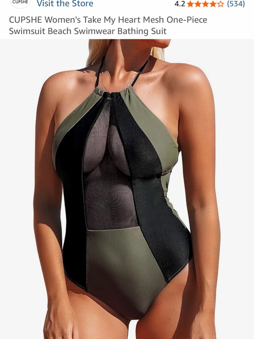 Cupshe Olive & Black Mesh Halter One-Piece Swimsuit